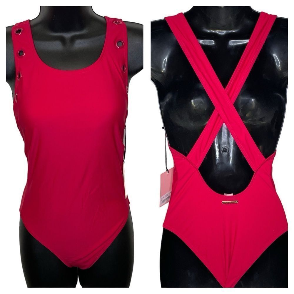 NWT Juicy Couture One Piece High Neck Swimsuit With Grommets Barberry Pink Small